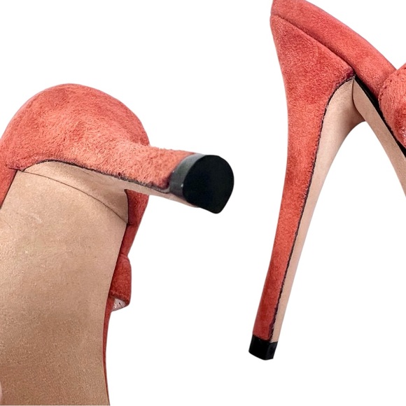 Stuart Weitzman Burnt Salmon Coral Suede Open Toe French Cuff Stiletto Heels - Picture 11 of 11